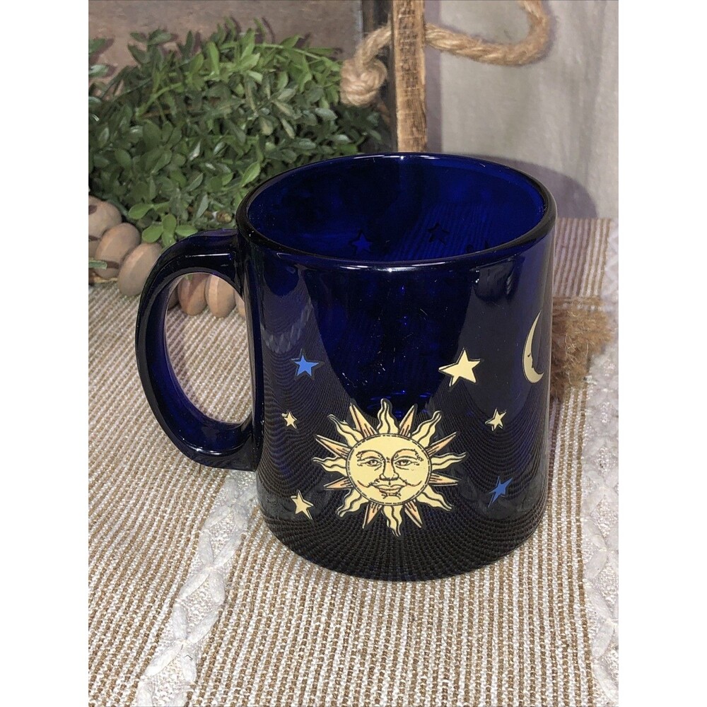 Vintage 90's Libbey Cobalt Blue Celestial Sun & Moon Mug FRIENDS USA Nice!